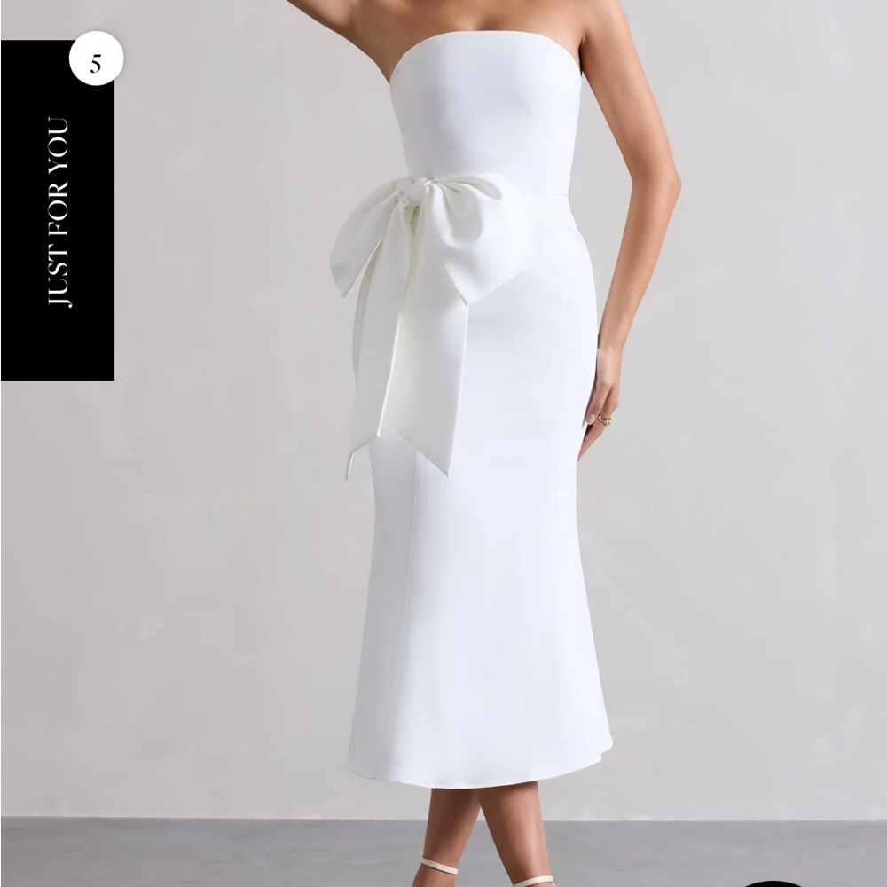 CLUB L LONDON TO ME WHITE BANDEAU MIDI DRESS WITH OVERSIZED BOW. Size US 4